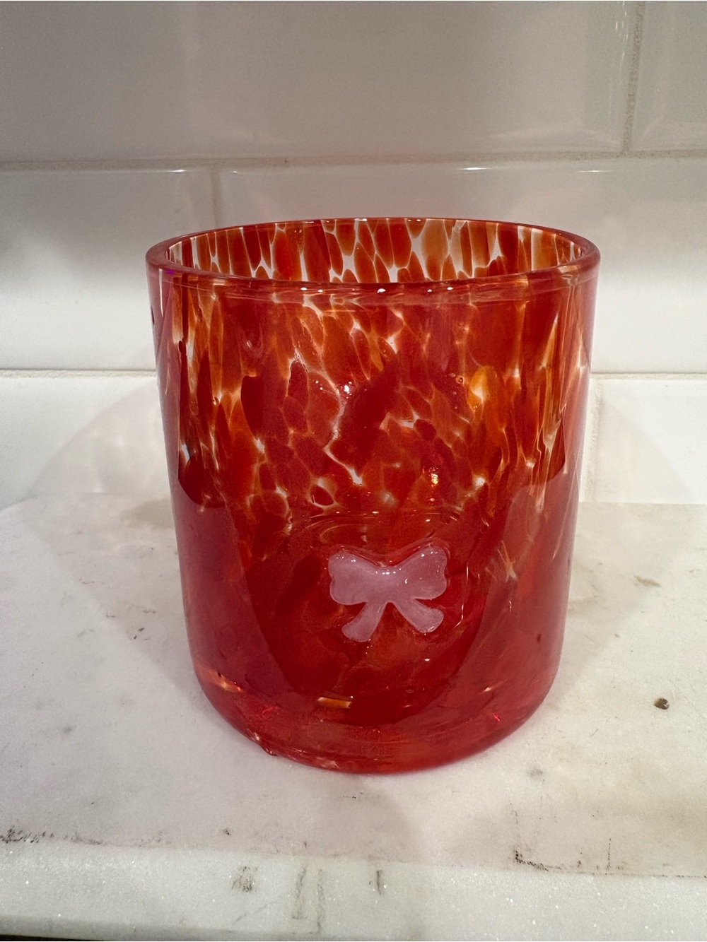 Anthropologie Red Speckled Glass Mug with Bow Accent